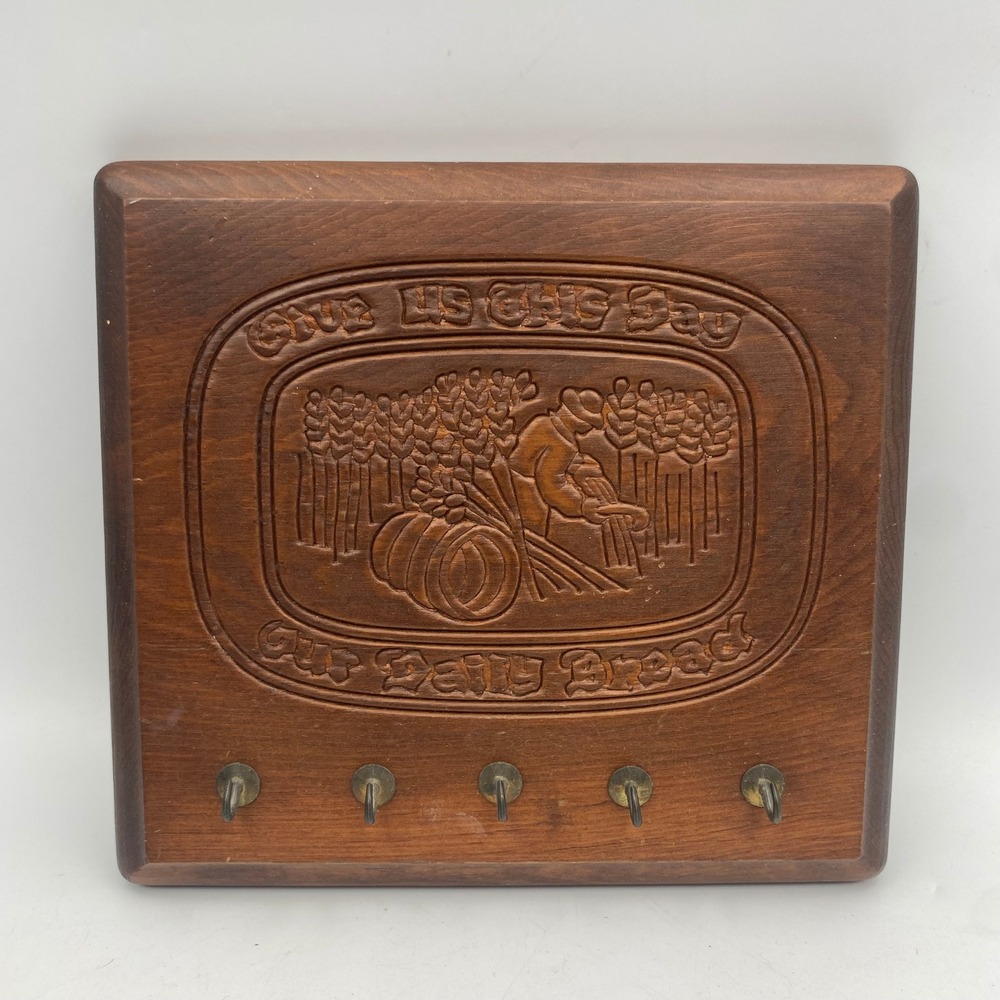 Vintage Carved Wood Give Us This Day Our Daily Bread Wall Plaque Key Hook Rack